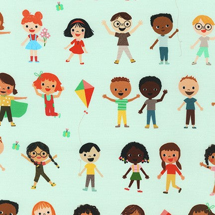 Bright Days Boys and Girls Playing in Mint quilting fabric by Robert Kaufman