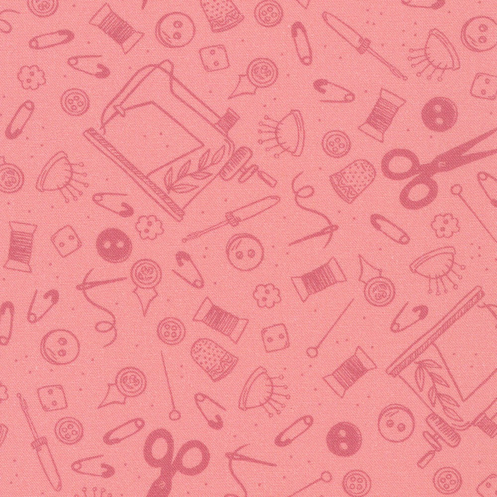 Sewing Basket Pink in Pink quilting fabric by Robert Kaufman
