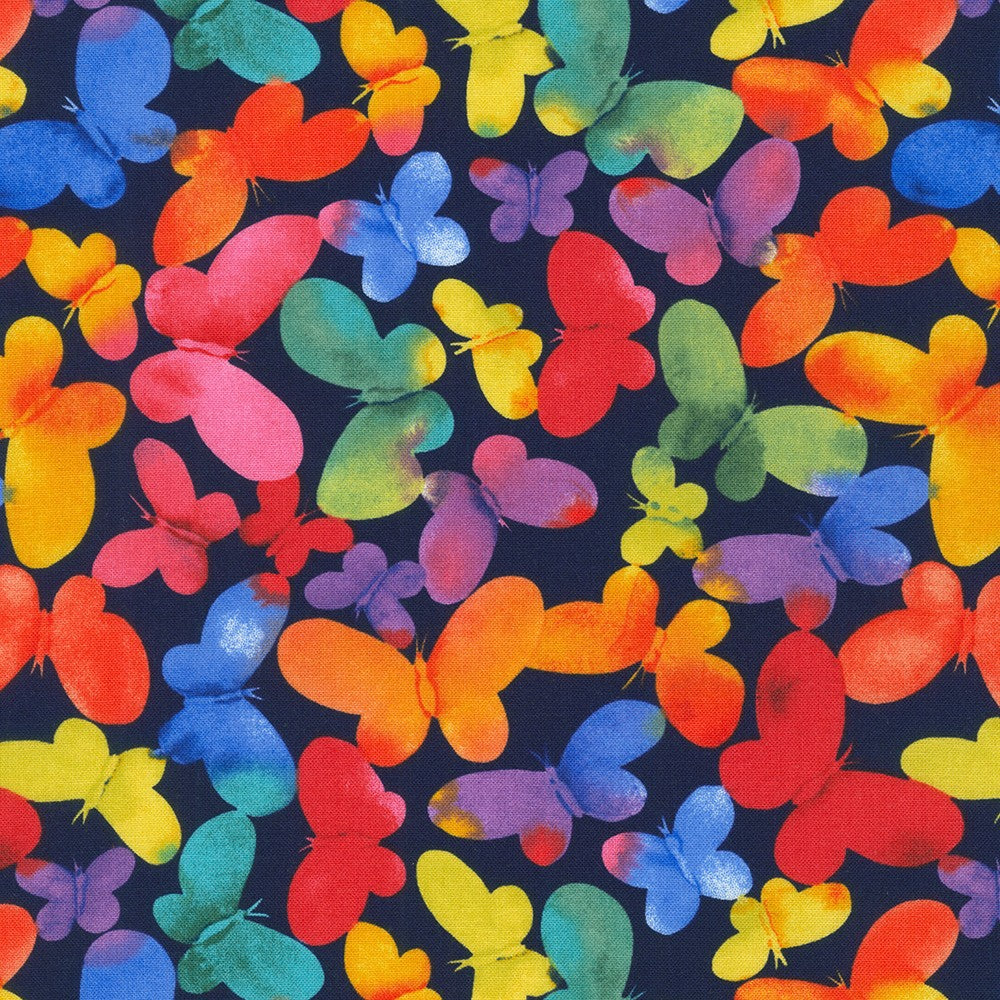 Winged Rainbow Butterflies in Navy quilting fabric by Robert Kaufman
