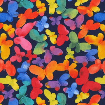 Winged Rainbow Butterflies in Navy quilting fabric by Robert Kaufman
