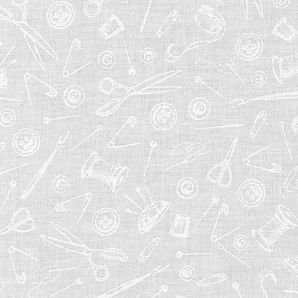 Mini Madness Sewing in White quilting fabric by Robert Kaufman