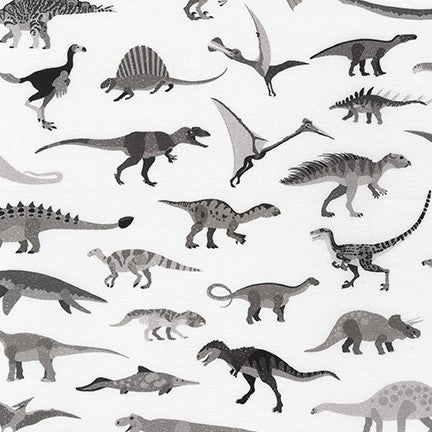 Alphabetosaurus Dinosaurs in Grey quilting fabric by Robert Kaufman