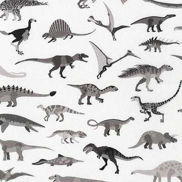 Alphabetosaurus Dinosaurs in Grey quilting fabric by Robert Kaufman