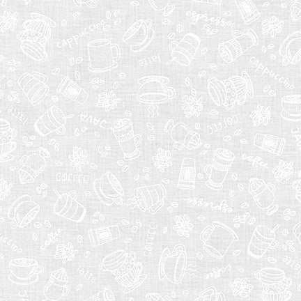 Mini Madness Coffee in White quilting fabric by Robert Kaufman